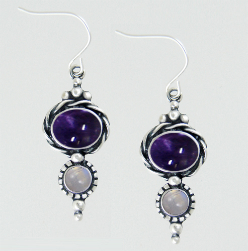 Sterling Silver Drop Dangle Earrings With Iolite And Rainbow Moonstone